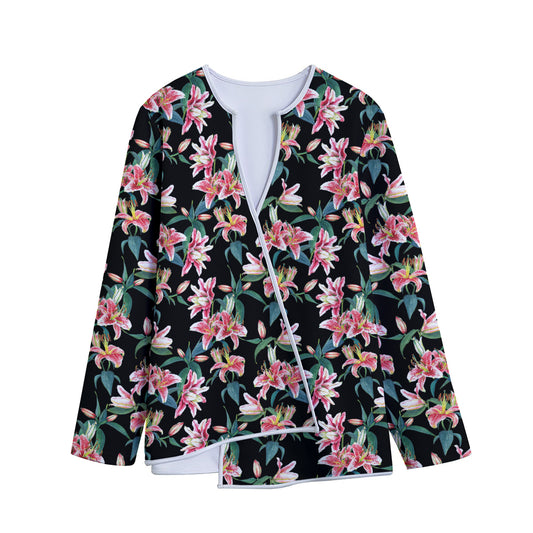 Watercolor Tropical Lily Pattern Print Long Sleeve Short Coat