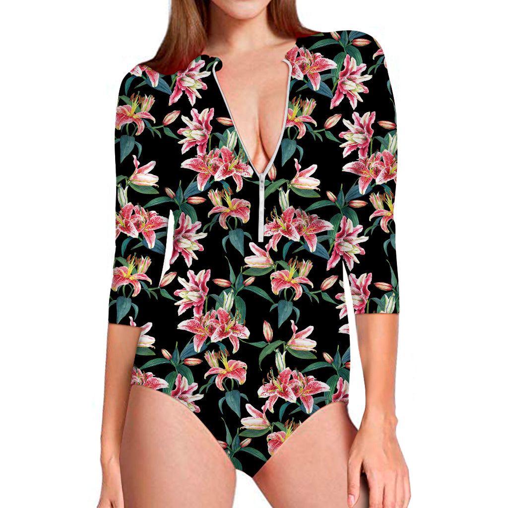 Watercolor Tropical Lily Pattern Print Long Sleeve Swimsuit