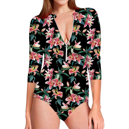 Watercolor Tropical Lily Pattern Print Long Sleeve Swimsuit