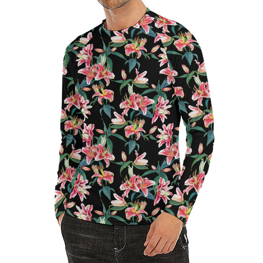 Watercolor Tropical Lily Pattern Print Men's Long Sleeve Rash Guard