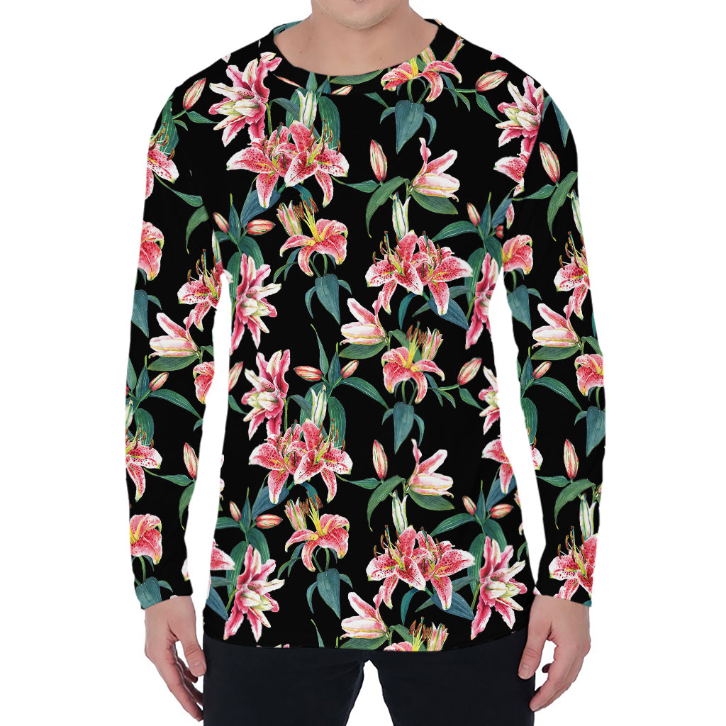 Watercolor Tropical Lily Pattern Print Men's Long Sleeve T-Shirt