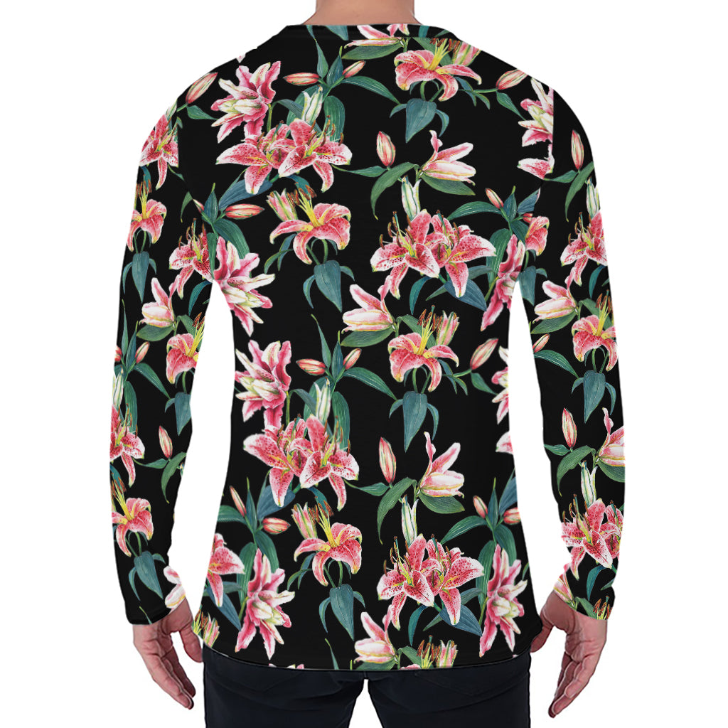 Watercolor Tropical Lily Pattern Print Men's Long Sleeve T-Shirt