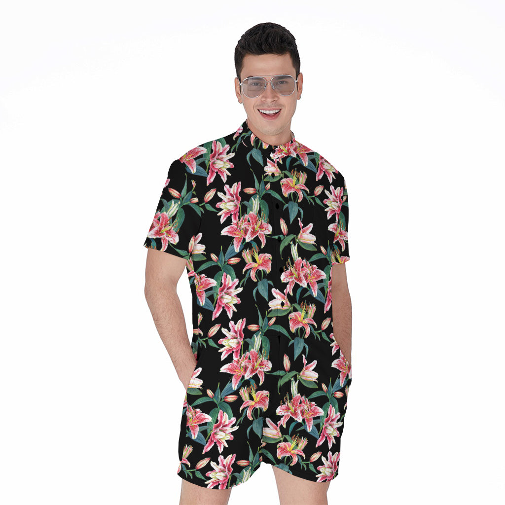 Watercolor Tropical Lily Pattern Print Men's Rompers
