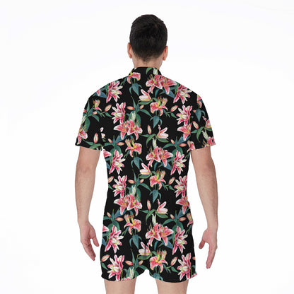 Watercolor Tropical Lily Pattern Print Men's Rompers