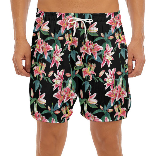Watercolor Tropical Lily Pattern Print Men's Split Running Shorts