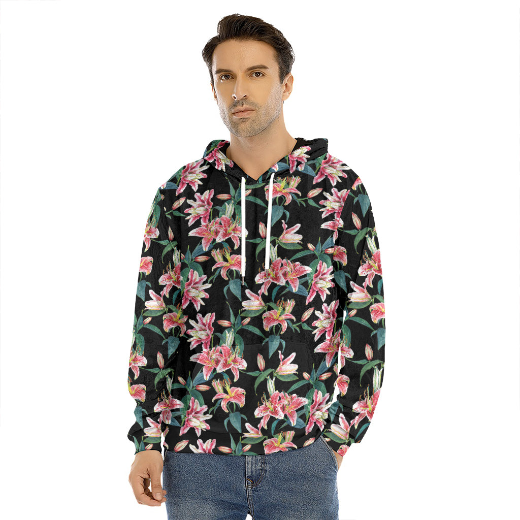 Watercolor Tropical Lily Pattern Print Men's Velvet Pullover Hoodie