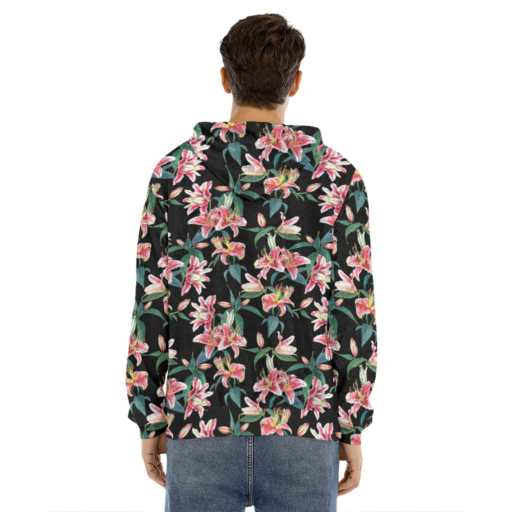 Watercolor Tropical Lily Pattern Print Men's Velvet Pullover Hoodie