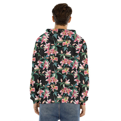 Watercolor Tropical Lily Pattern Print Men's Velvet Pullover Hoodie