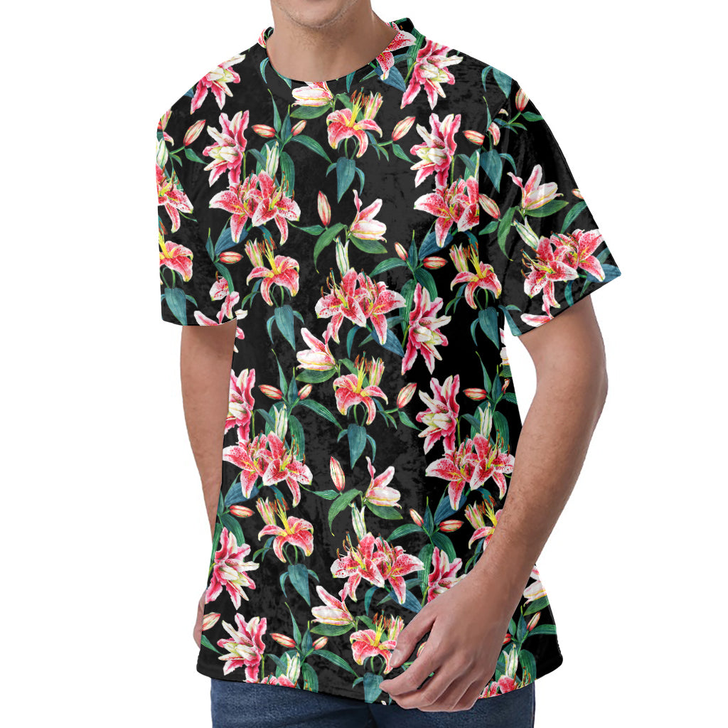 Watercolor Tropical Lily Pattern Print Men's Velvet T-Shirt