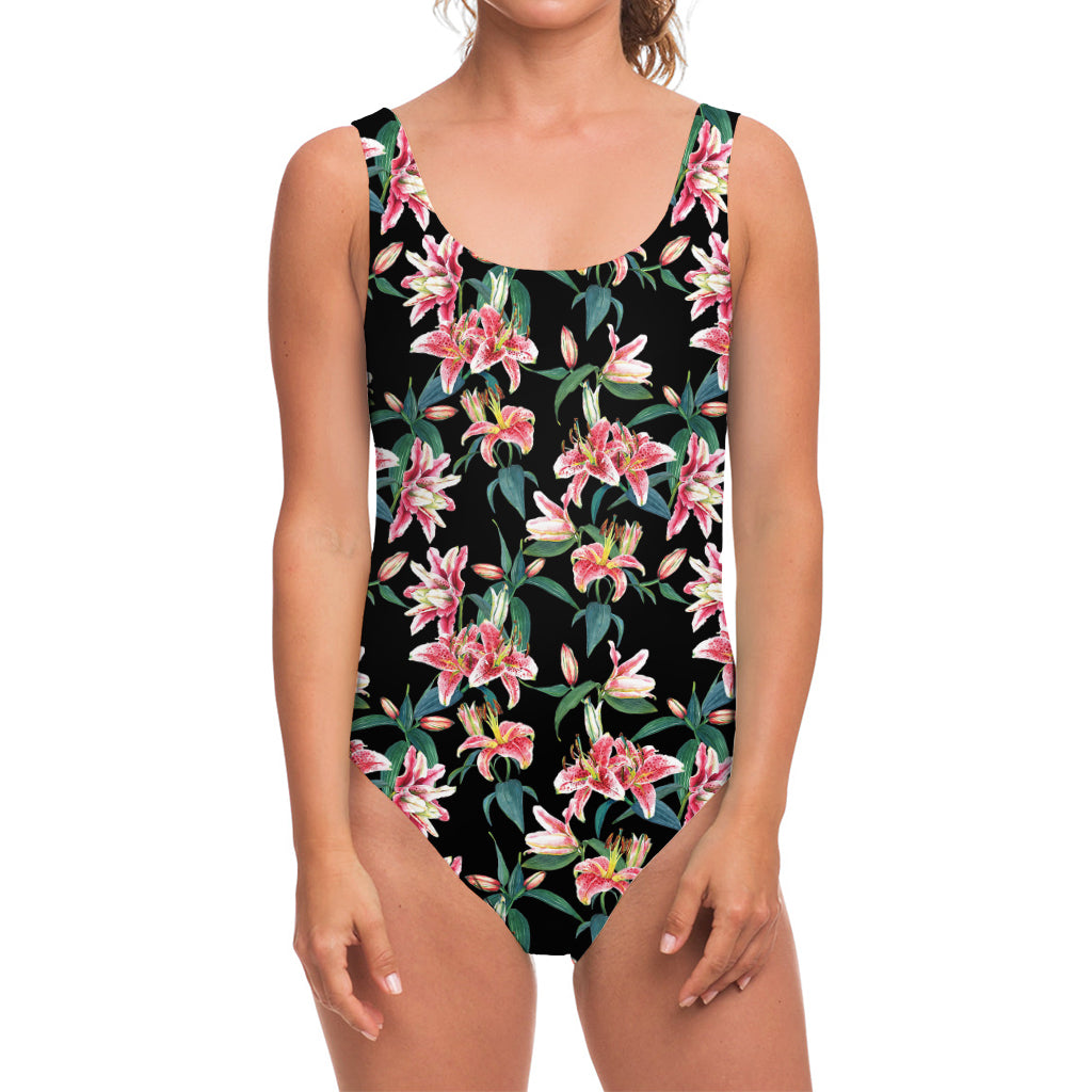 Watercolor Tropical Lily Pattern Print One Piece Swimsuit
