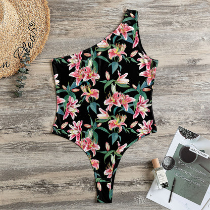 Watercolor Tropical Lily Pattern Print One Shoulder Bodysuit