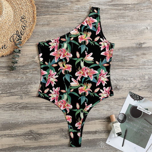Watercolor Tropical Lily Pattern Print One Shoulder Bodysuit