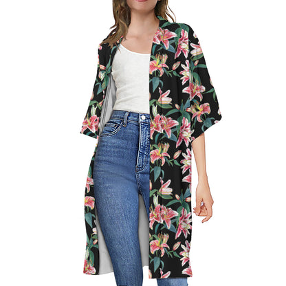 Watercolor Tropical Lily Pattern Print Open Front Beach Cover Up
