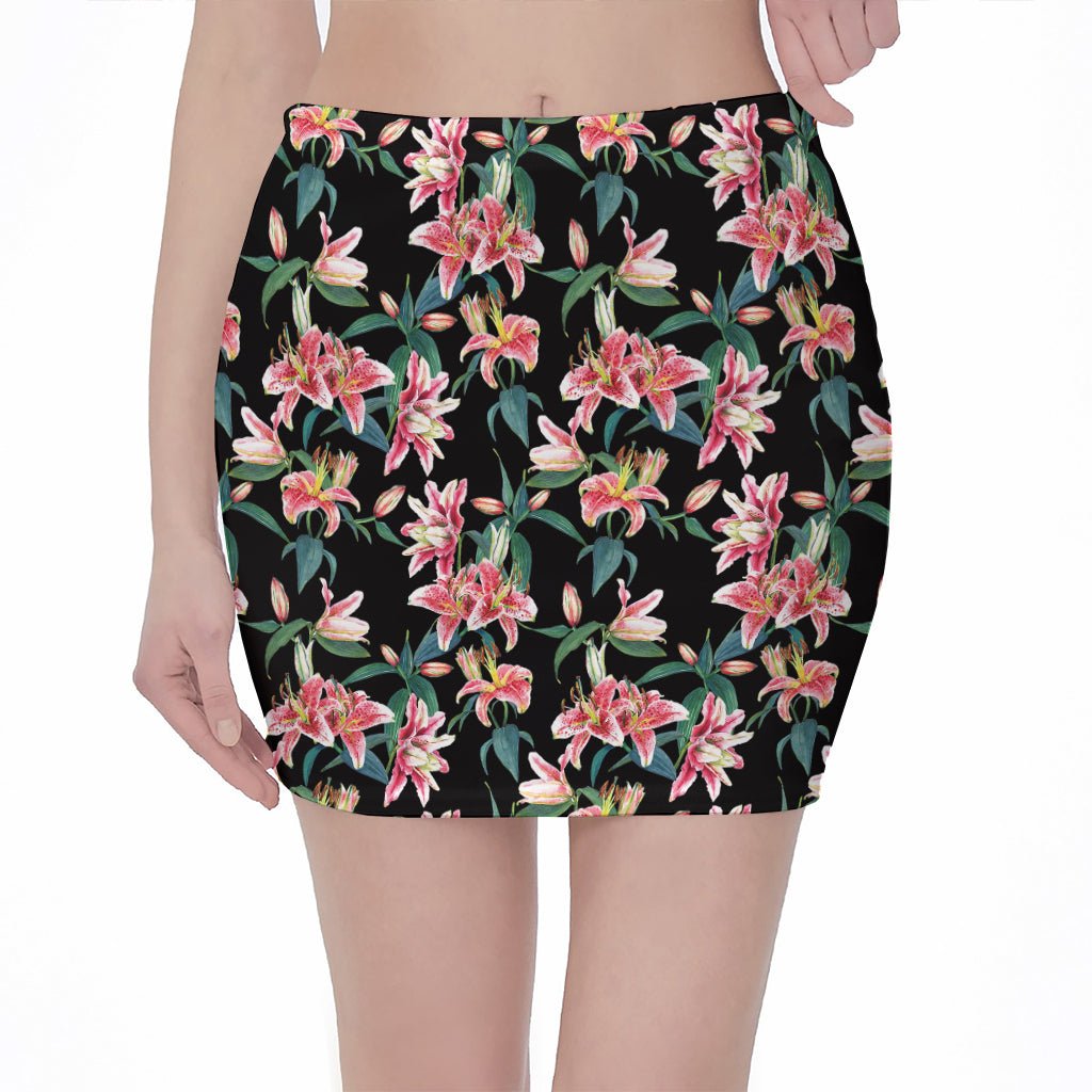 Watercolor Tropical Lily Pattern Print Pencil Mini Skirt