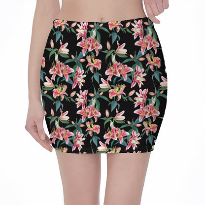 Watercolor Tropical Lily Pattern Print Pencil Mini Skirt