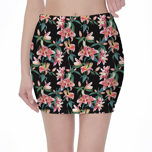 Watercolor Tropical Lily Pattern Print Pencil Mini Skirt
