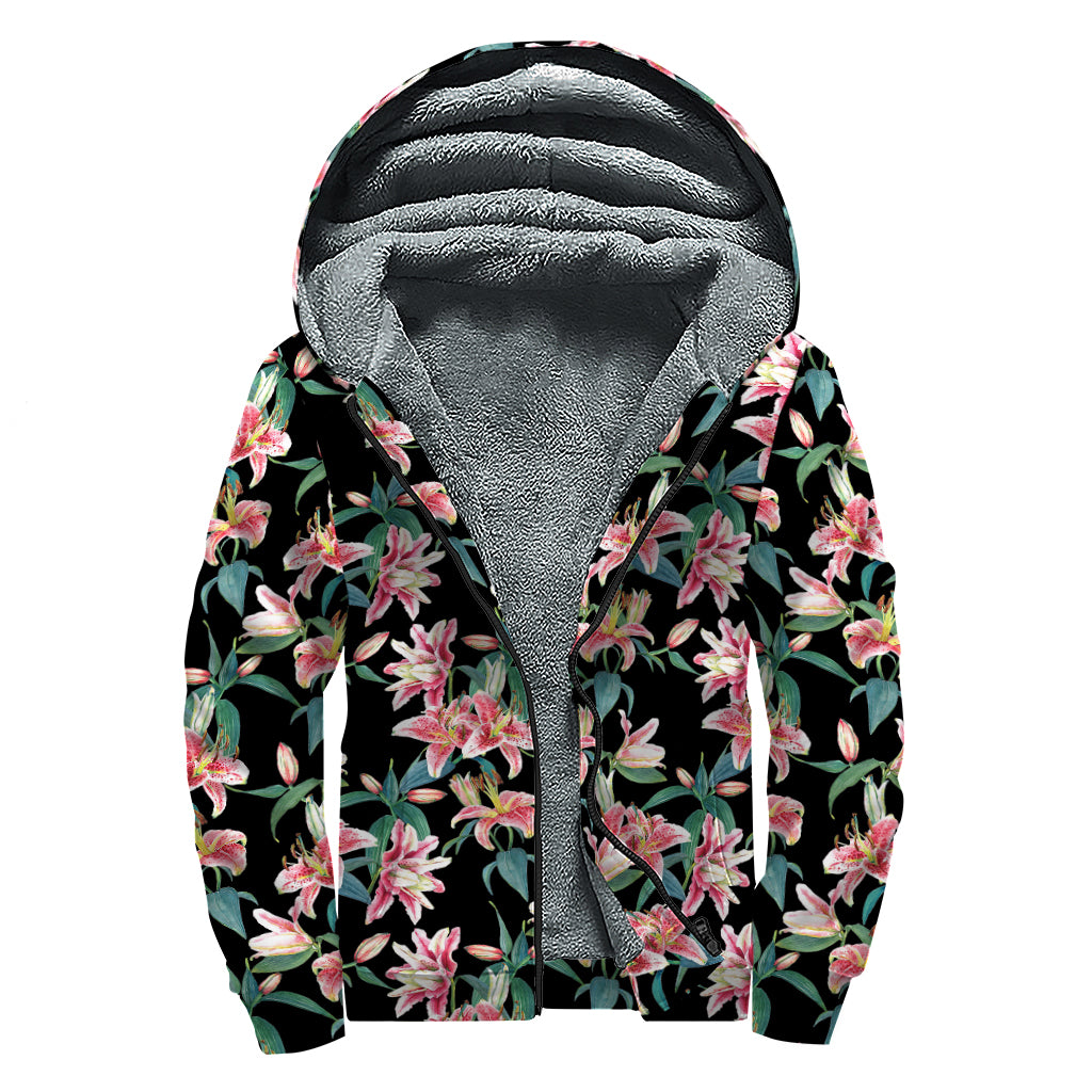 Watercolor Tropical Lily Pattern Print Sherpa Lined Zip Up Hoodie