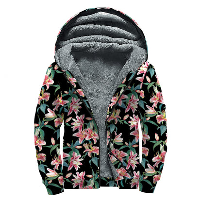 Watercolor Tropical Lily Pattern Print Sherpa Lined Zip Up Hoodie