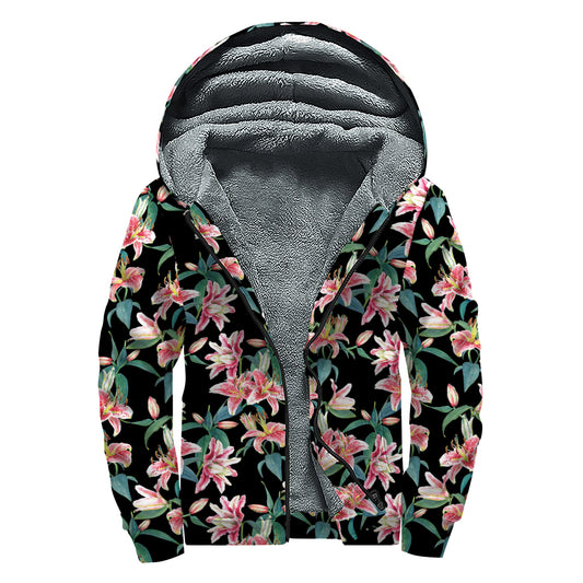 Watercolor Tropical Lily Pattern Print Sherpa Lined Zip Up Hoodie
