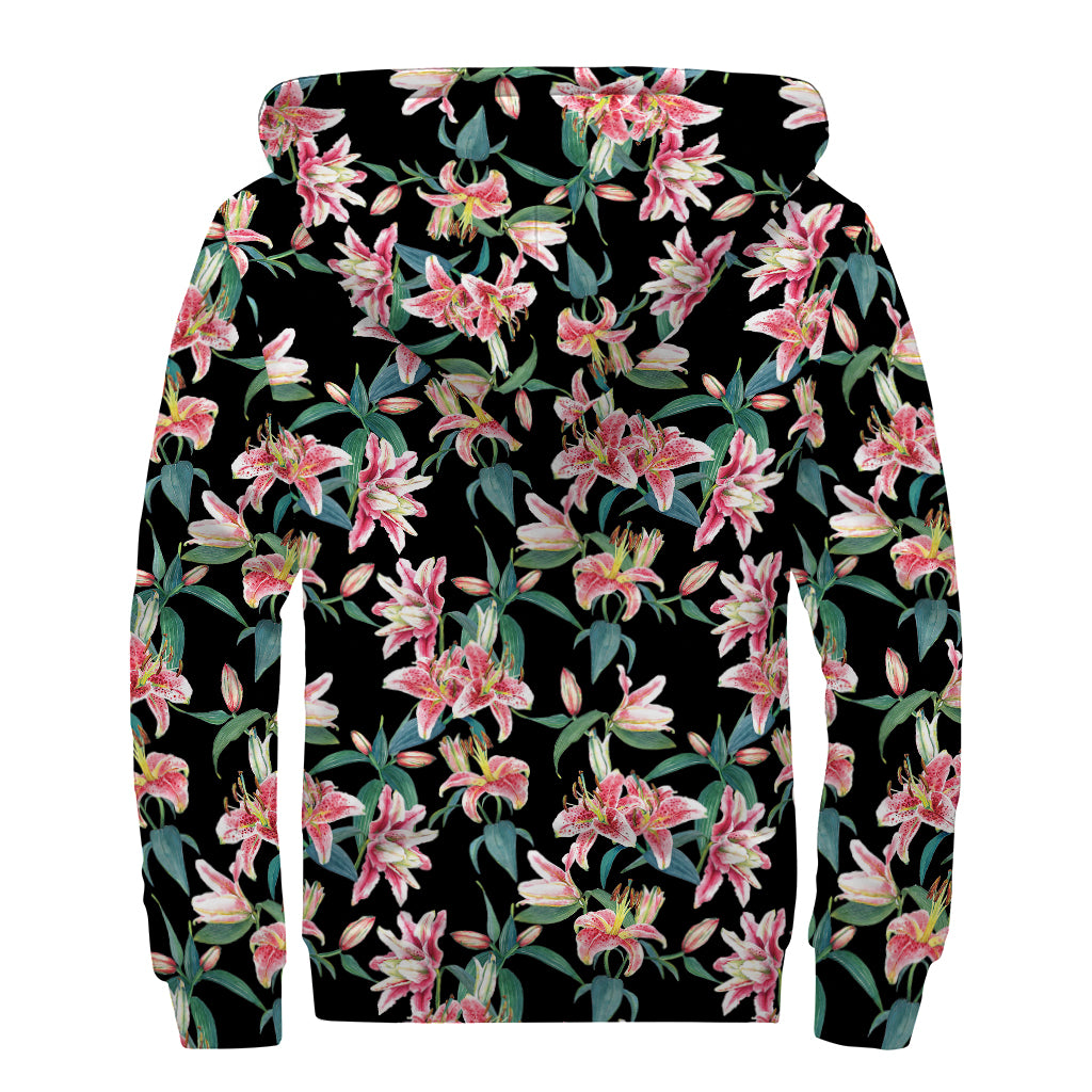 Watercolor Tropical Lily Pattern Print Sherpa Lined Zip Up Hoodie