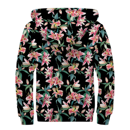 Watercolor Tropical Lily Pattern Print Sherpa Lined Zip Up Hoodie