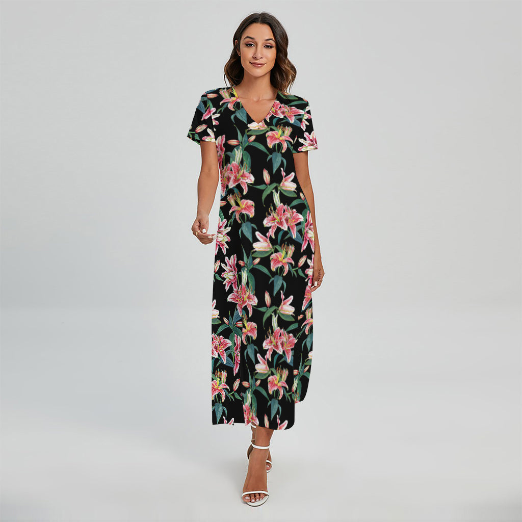 Watercolor Tropical Lily Pattern Print Short Sleeve Maxi Dress