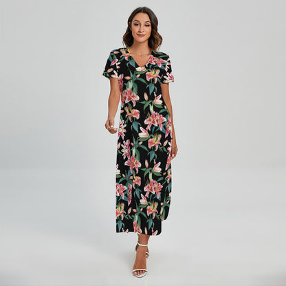 Watercolor Tropical Lily Pattern Print Short Sleeve Maxi Dress