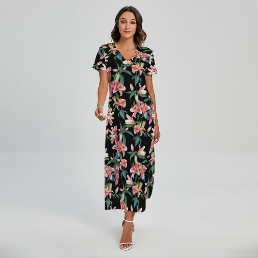 Watercolor Tropical Lily Pattern Print Short Sleeve Maxi Dress