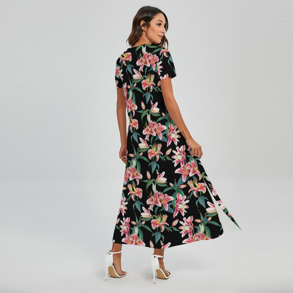 Watercolor Tropical Lily Pattern Print Short Sleeve Maxi Dress