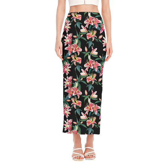 Watercolor Tropical Lily Pattern Print Side Slit Maxi Skirt