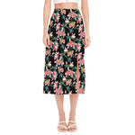 Watercolor Tropical Lily Pattern Print Side Slit Midi Skirt