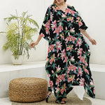 Watercolor Tropical Lily Pattern Print Silk V-Neck Kaftan Dress
