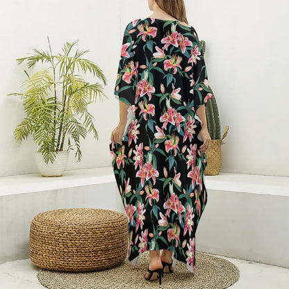 Watercolor Tropical Lily Pattern Print Silk V-Neck Kaftan Dress