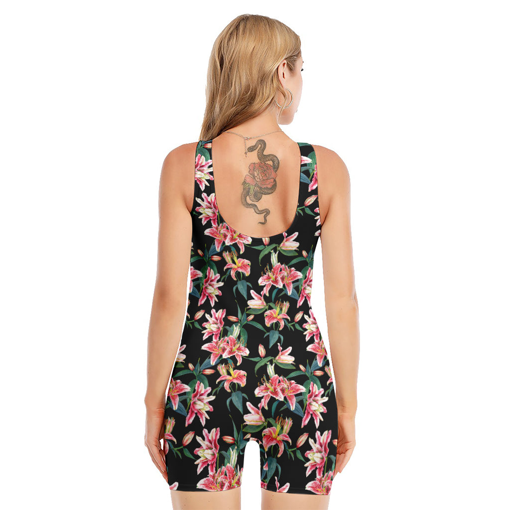 Watercolor Tropical Lily Pattern Print Sleeveless One Piece Swimsuit
