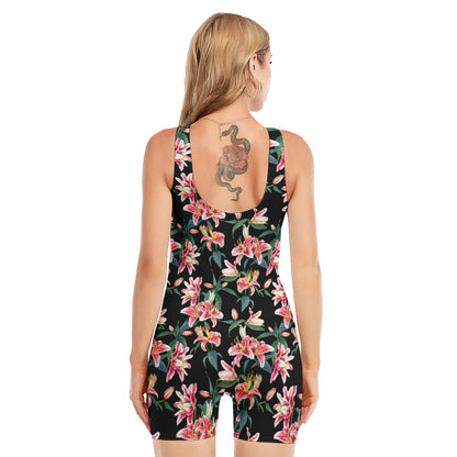 Watercolor Tropical Lily Pattern Print Sleeveless One Piece Swimsuit