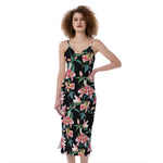 Watercolor Tropical Lily Pattern Print Slim Fit Midi Cami Dress