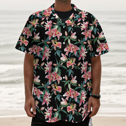 Watercolor Tropical Lily Pattern Print Textured Short Sleeve Shirt