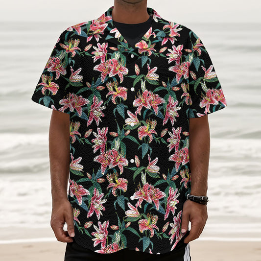 Watercolor Tropical Lily Pattern Print Textured Short Sleeve Shirt
