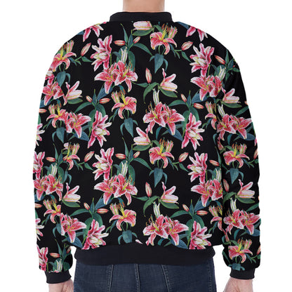 Watercolor Tropical Lily Pattern Print Zip Sleeve Bomber Jacket