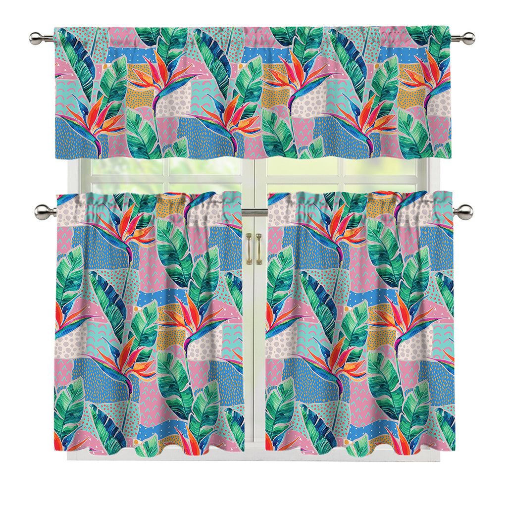 Watercolor Tropical Patchwork Print 3 Piece Kitchen Curtains