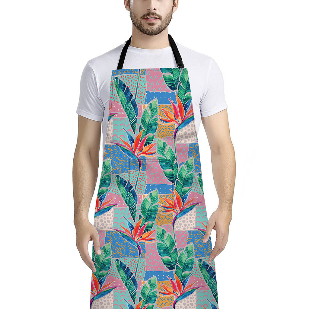 Watercolor Tropical Patchwork Print Bib Apron With Pocket