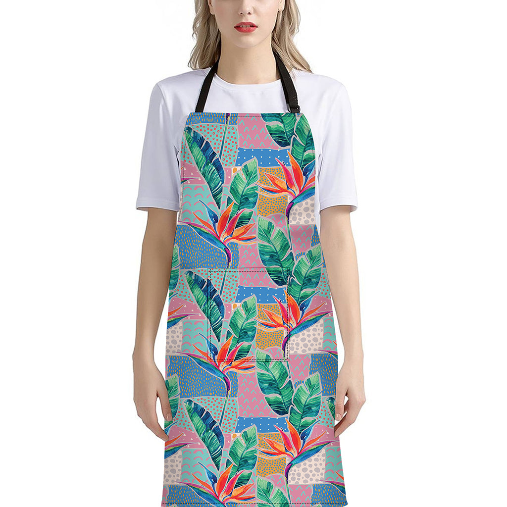 Watercolor Tropical Patchwork Print Bib Apron With Pocket