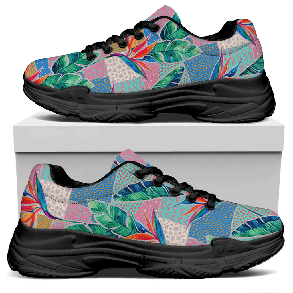 Watercolor Tropical Patchwork Print Black Chunky Shoes