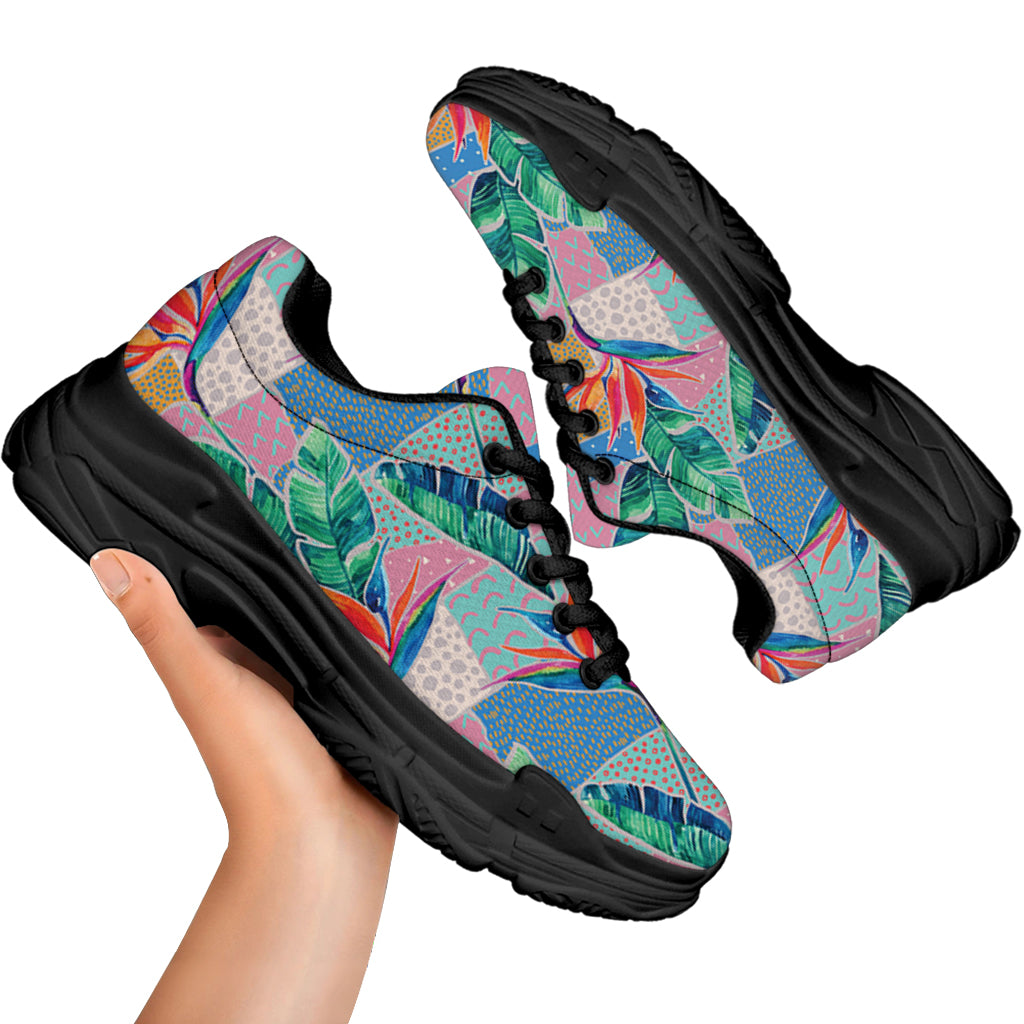 Watercolor Tropical Patchwork Print Black Chunky Shoes