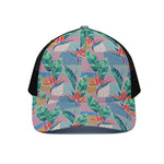 Watercolor Tropical Patchwork Print Black Mesh Trucker Cap