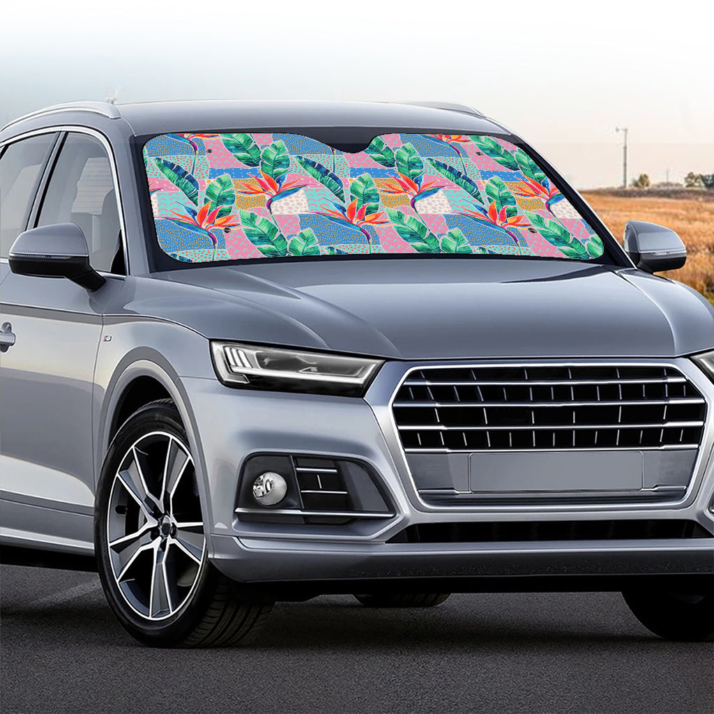 Watercolor Tropical Patchwork Print Car Windshield Sun Shade