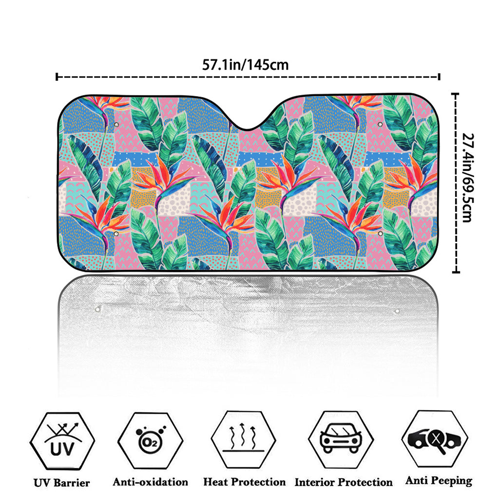 Watercolor Tropical Patchwork Print Car Windshield Sun Shade
