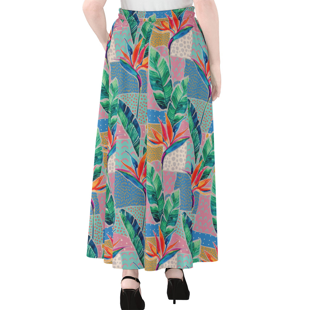 Watercolor Tropical Patchwork Print Chiffon Maxi Skirt
