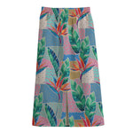 Watercolor Tropical Patchwork Print Cotton Front Slit Maxi Skirt