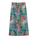 Watercolor Tropical Patchwork Print Cotton Front Slit Maxi Skirt